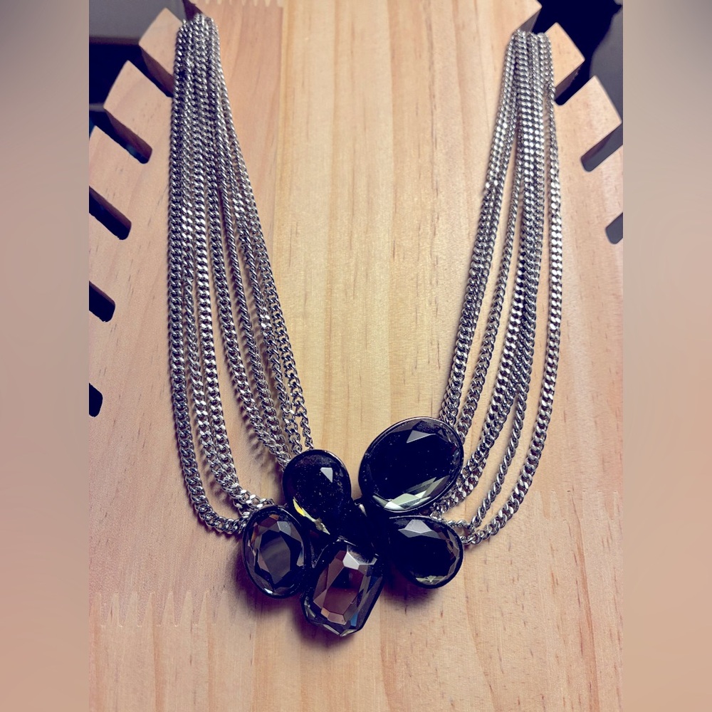 Faceted Smoky Quartz Statement Silver Necklace with Layered Chains